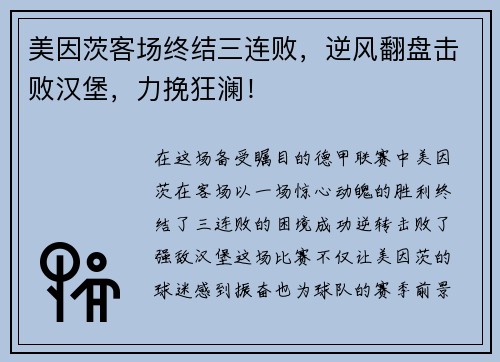 美因茨客场终结三连败，逆风翻盘击败汉堡，力挽狂澜！