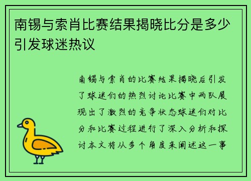 南锡与索肖比赛结果揭晓比分是多少引发球迷热议